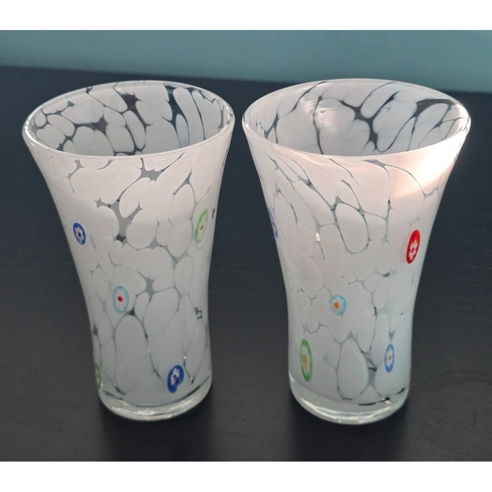 Pair Murano Millefiori Glass Tumblers Hand Blown Art Glass Cups White